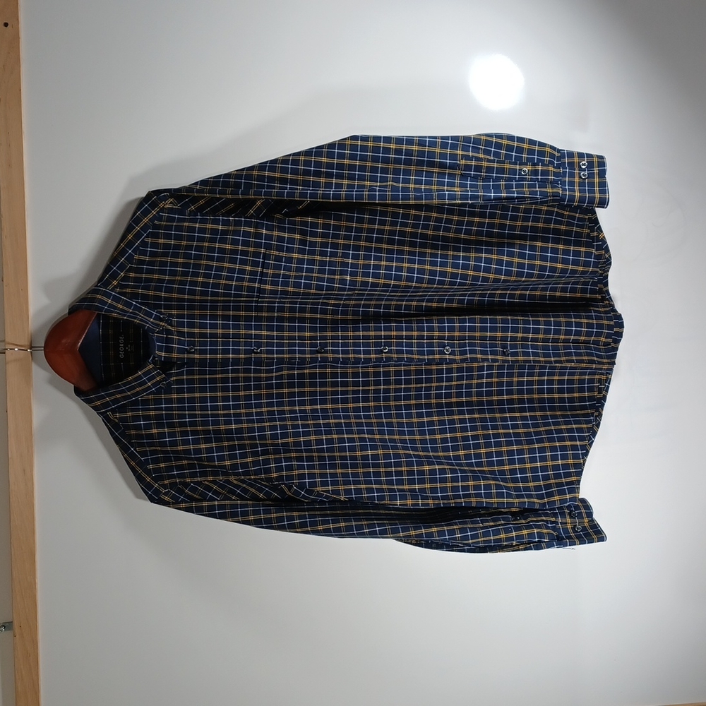 George men's long sleeve blue plaid dress shirt,size M.